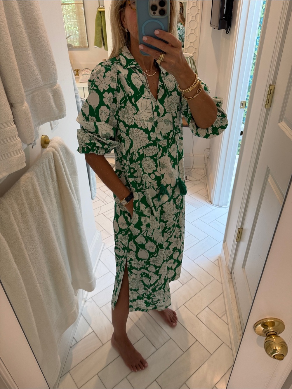 J.Crew Green and White Floral caftan style  Dress